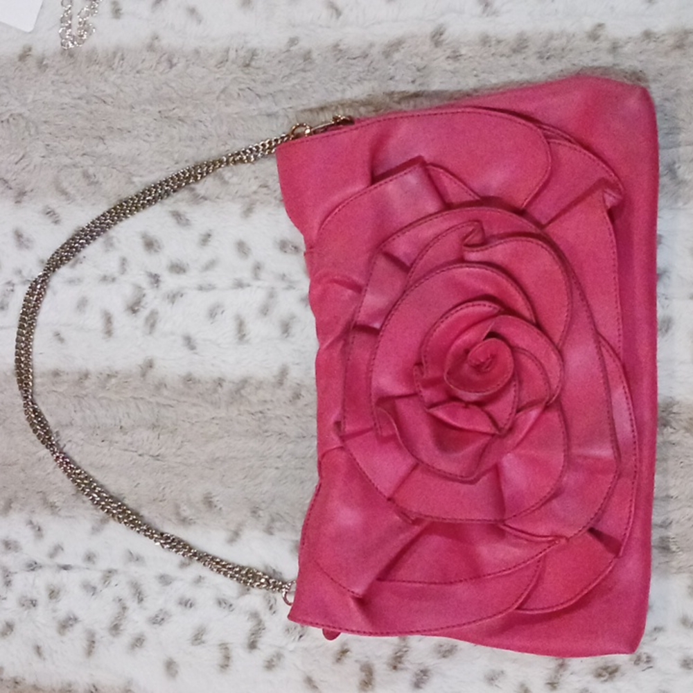 Nine West Pink Flower Leather Handbag with silver chain